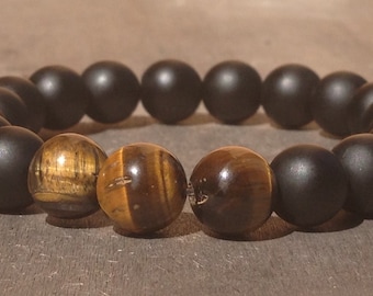 Tigers Eye and Matte Black Onyx Healing Crystals Beaded Mala Bracelet