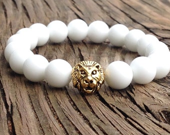 White Alabaster with Gold Lion Healing Crystal Mala Bracelet