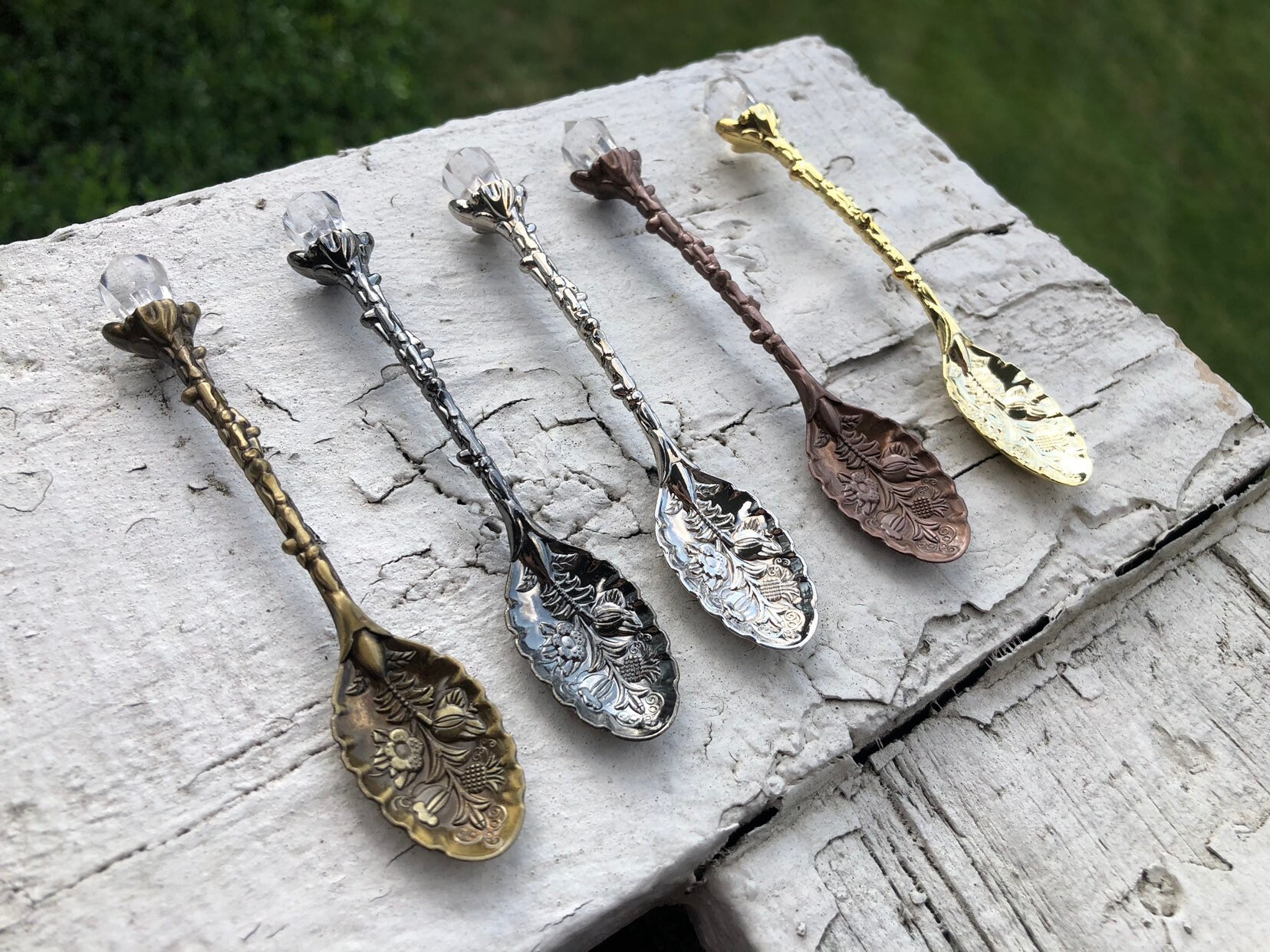Clear Quartz Crystal Teaspoon in Antique Gold, Black, or Silver, Magi…