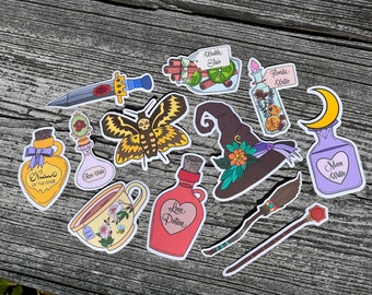 Witch Stickers New Age Decals, Witchy Wealth Elixir, Florida Water, Athame, Hat Broom, Wand, Love Potion, Moon Water, Rose Water, Death Moth