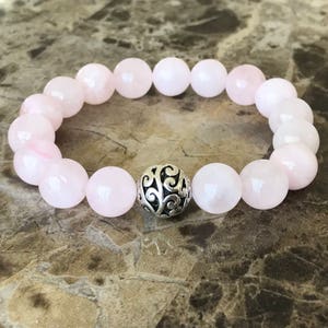 Breast Cancer Awareness Mala Bracelet in Rose Quartz with Silver Filigree Charm