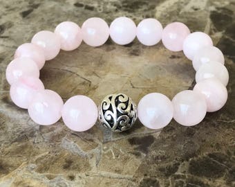 Breast Cancer Awareness Mala Bracelet in Rose Quartz with Silver Filigree Charm