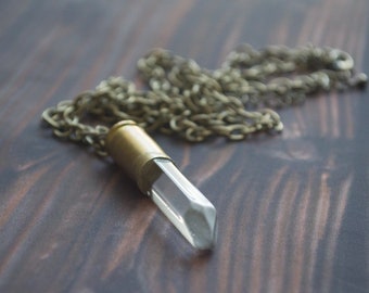 Clear Quartz Point Crystal 9mm Bullet Casing Necklace