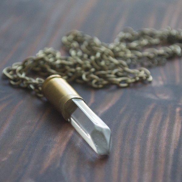 Clear Quartz Point Crystal 9mm Bullet Casing Necklace