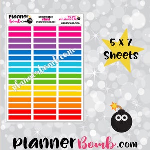 May include: A sheet of 5x7 inch rainbow planner stickers with a white border. The stickers are removable and vinyl. The text "Planner Bomb.com" is at the top and bottom of the image.