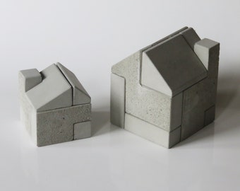 2 concrete puzzles “Prefab” concrete cement puzzle house cottage home decoration 3D gift architect brutalist think thinking desktop desk