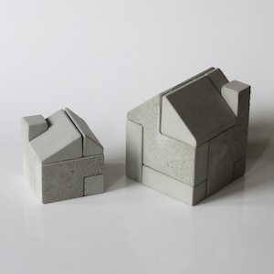 2 concrete puzzles “Prefab” concrete cement puzzle house cottage home decoration 3D gift architect brutalist think thinking desktop desk