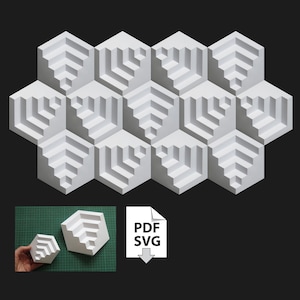 May include: White papercraft sculpture of a honeycomb pattern with a 3D effect. The sculpture is made up of multiple hexagonal shapes that are layered on top of each other. The sculpture is displayed on a black background. The image also shows a smaller version of the sculpture on a green surface. The text "PDF SVG" is displayed below the sculpture.