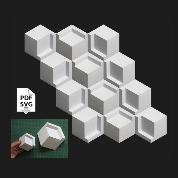 Papercraft easy DIY wall tile hexagon escher stairs mosaic geometric tile paper art PDF template relief relievo modern home decor crystal