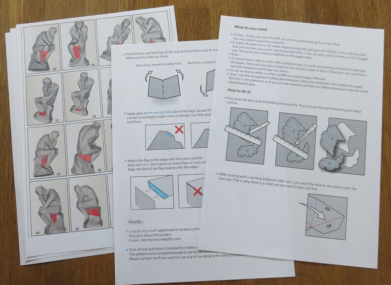 May include: Instructions for a papercraft model of the "Thinker" sculpture by Auguste Rodin. The instructions include diagrams showing how to fold and glue the paper to create the sculpture. The instructions also include a list of materials needed for the project.