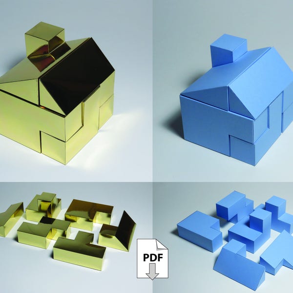 3D Papercraft Puzzel "prefab" huis object Papier Design doehetzelf interactief decoratie pdf origami zilver goud Chrome vouwkunst