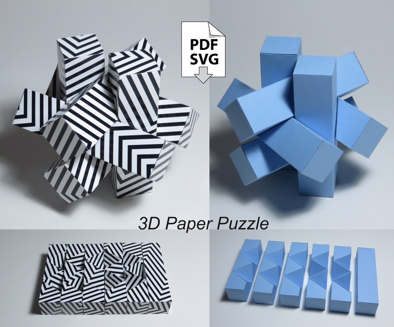 May include: A 3D paper puzzle with black and white striped pieces and a blue version of the same puzzle. The puzzle is assembled and disassembled in the image. The image also includes the text "PDF SVG" with a downward arrow.