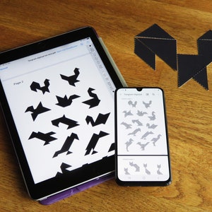 Tangram 191 silhouetten oplossingen patronen directe download afdrukbaar printbaar alfabet dieren mensen geometrisch vogels architectuur