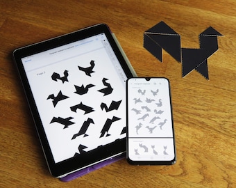 Tangram 191 silhouetten oplossingen patronen directe download afdrukbaar printbaar alfabet dieren mensen geometrisch vogels architectuur