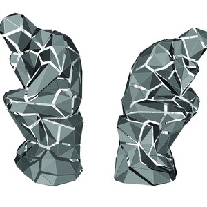 May include: A 3D rendering of a sculpture of a person in a seated position with their head resting on their hand. The sculpture is made of a gray, geometric material.