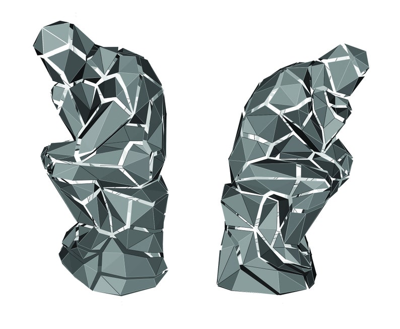 May include: A 3D rendering of a sculpture of a person in a seated position with their head resting on their hand. The sculpture is made of a gray, geometric material.