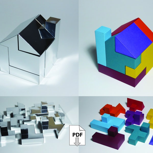 Papercraft Puzzel "prefab" huis object 3D Papier Design doehetzelf interactief kubus decoratie pdf origami zilver goud Chrome vouwkunst