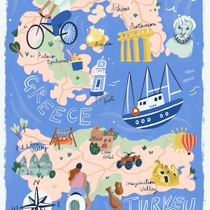 Op de afbeelding: Geïllustreerde kaart van Griekenland en Turkije met bezienswaardigheden zoals het Parthenon en een zeilboot. De kaart bevat de teksten "GREECE" en "TURKEY", en illustraties van fietsers, paardrijders en ATV-rijders. Afmetingen in cm.