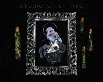 Neon Owl - Gothic Art Print -  Original Art - Witchy Gothic Art Unique Fantasy Art Owl Roses Skull Art