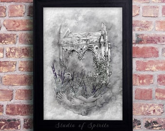 Smudge - Gothic Art Print - Art Nouveau Art Print - Original Art - Witchy Gothic Floral Art decor Ruins Lavender