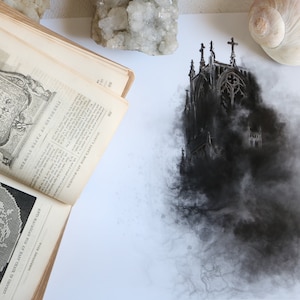 Church Fire - Gothic Art Print - Art Nouveau Art Print - Original Art - Witchy Gothic Dark Art