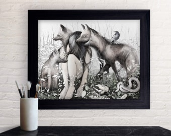 Nature Art - Gothic Art Print - Original Art - Witchy Gothic Art Unique Fantasy Art Foxes Snakes Skull Art Print