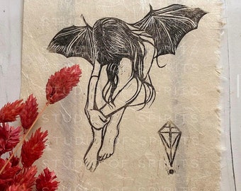 Bat Girl - Linoleum Print - Handmade paper print - Gothic Art Nouveau Bat Goth Fantasy Fairy Art