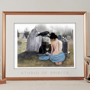 Momento Mori - Gothic Art Print - Art Nouveau Art Print - Original Art - Witchy Gothic Black Cat Art decor