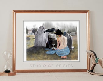 Momento Mori - Gothic Art Print - Art Nouveau Art Print - Original Art - Witchy Gothic Black Cat Art decor