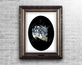 Blue Butterflies Skull - Gothic Art Print - Art Nouveau Art Print - Original Art - Witchy Gothic Floral Art decor