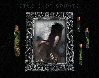 Forest Nymph - Gothic Art Print -  Original Art - Witchy Gothic Art Unique Fantasy Fairycore Forest Spirit Mushrooms Art