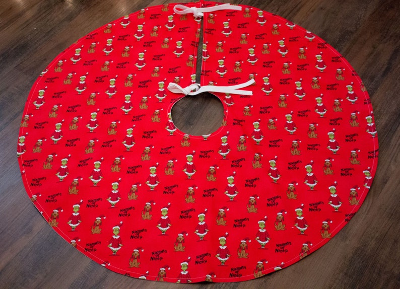 Christmas Tree Skirt-Grinch-Naughty-Red-Green-Santa-Santa Hat-Dog-Made with Grinch Fabric-Holiday Decor-36