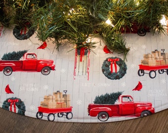 Christmas Tree Skirt-Antique Truck-Farmhouse Christmas--Old Truck-Red Wagon-Red Truck Decoration-Christmas Tree-Old Truck-Holiday Decor-36"