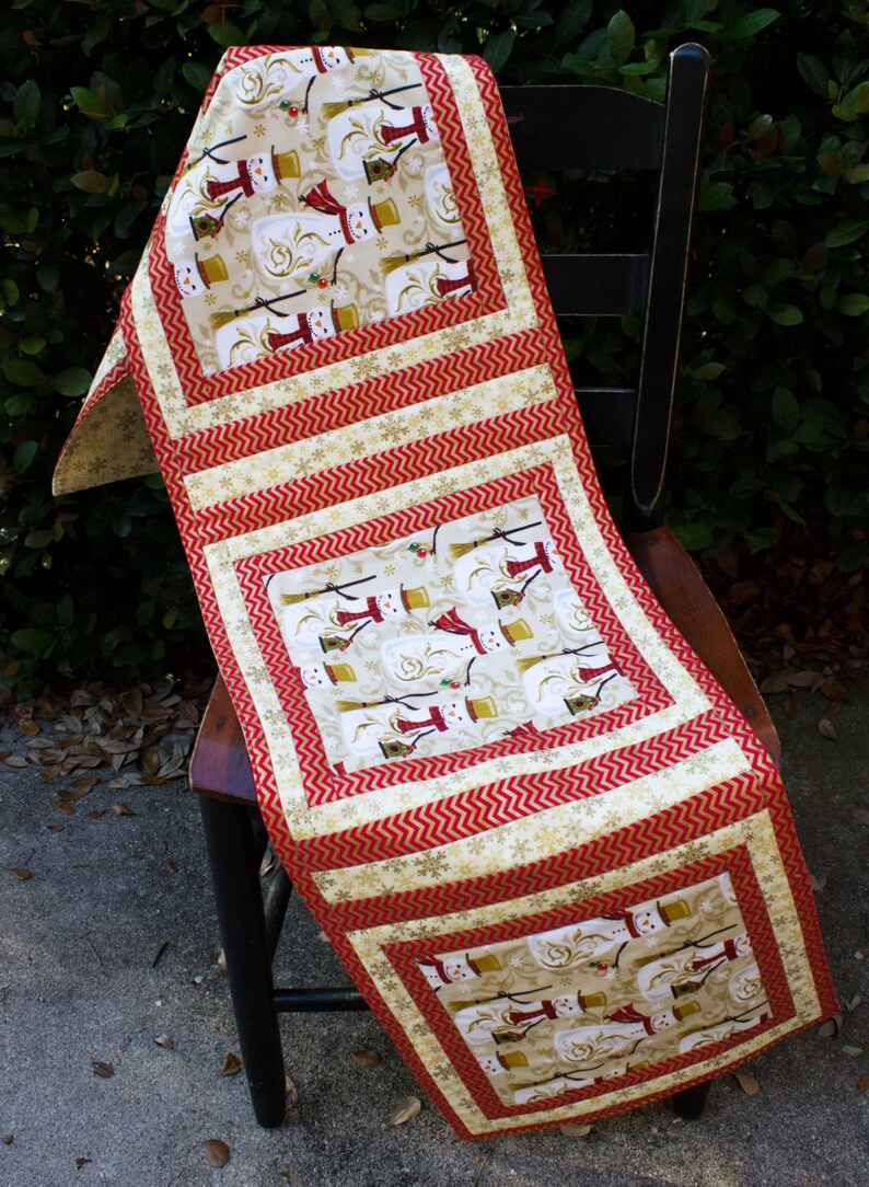 Table Runner Snowman Gold Red Cream Chevron Zig Zag Christmas