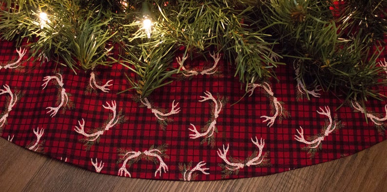 Christmas Tree Skirt-Deer Antlers-Deer Rack-Woodland Christmas-Cabin Decor-Holiday Decor-Christmas Decor-Buffalo Plaid Deer Tree Skirt-36