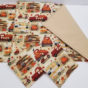 Table Runner-Old Truck-Old Camper-Vintage Trucks-Vintage Campers-Glamper-Camping-Fall Decor-Farmhouse Decor-Bicycle-Pumpkins
