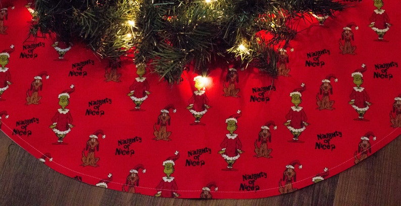 Christmas Tree Skirt-Grinch-Naughty-Red-Green-Santa-Santa Hat-Dog-Made with Grinch Fabric-Holiday Decor-36