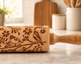 Bird & Flower Embossed Rolling Pin – Beech Wood Cookie Roller for Baking