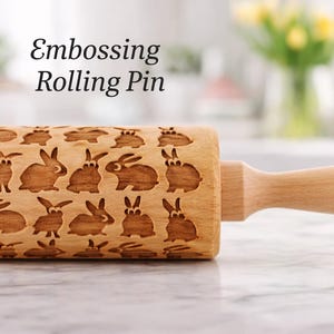 FUNNY RABBITS Embossed Rolling Pin - Easter heirloom for spring decor lovers and family hosts, imprinting dough on cookies