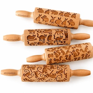 Ensemble de rouleaux à pâtisserie à motif animalier | Rouleau à pâtisserie gravé en bois de hêtre pour biscuits | Tampon à biscuits en bois | Cadeau pâtisserie