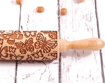 Butterfly Engraved Rolling Pin: Beechwood Cookie Embosser, Mother&#39;s Day Baking