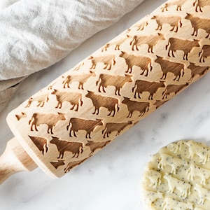 Kühe Gravierte Teigrolle aus Holz – Bauernhof Motiv Nudelholz für geprägte Plätzchen, Familienbacken und rustikale Küche Geschenk