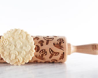 MUSHROOMS- embossed, engraved rolling pin for cookies - perfect gift idea