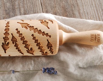 Lavender engraved wooden rolling pin handmade – Christmas cookies, holiday baking gift, rustic family baking tool