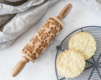 BOOO  – MINI embossing rolling pin, laser engraved, solid wood, perfect Christmas gift, Halloween gift, trick or treat, ghosts