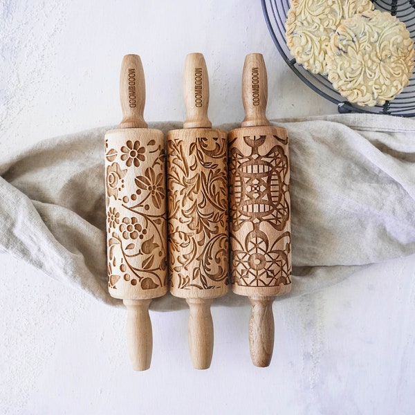 ORNAMENTA  – set of 3 mini embossing rolling pins for cookies, laser engraved, perfect Christmas gift, Mother’s Day present, birthday