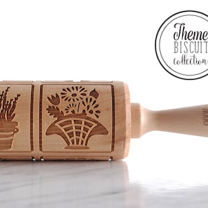 Flowers in basket - engraved wooden rolling pin handmade – Mother’s Day cookies, family gift, festive baking