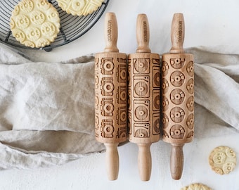 RETRO VINTAGE – set of 3 mini embossing rolling pins for cookies, laser engraved, perfect Christmas gift, Mother’s Day present, birthday