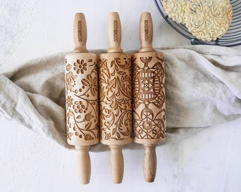 ORNAMENTA  – set of 3 mini embossing rolling pins for cookies, laser engraved, perfect Christmas gift, Mother’s Day present, birthday
