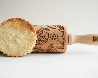 WINTER BIRDS - embossing rolling pin for cookies, embossed biscuits, Christmas gift, Mother’s Day gift, laser engraved, solid wood, birds